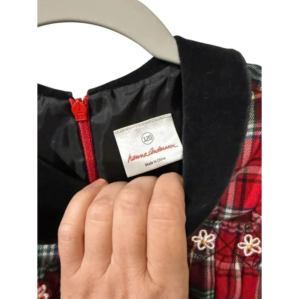 Hanna Andersson Girls Red Plaid Dress With Velvet Collar Christmas 120 sz 6